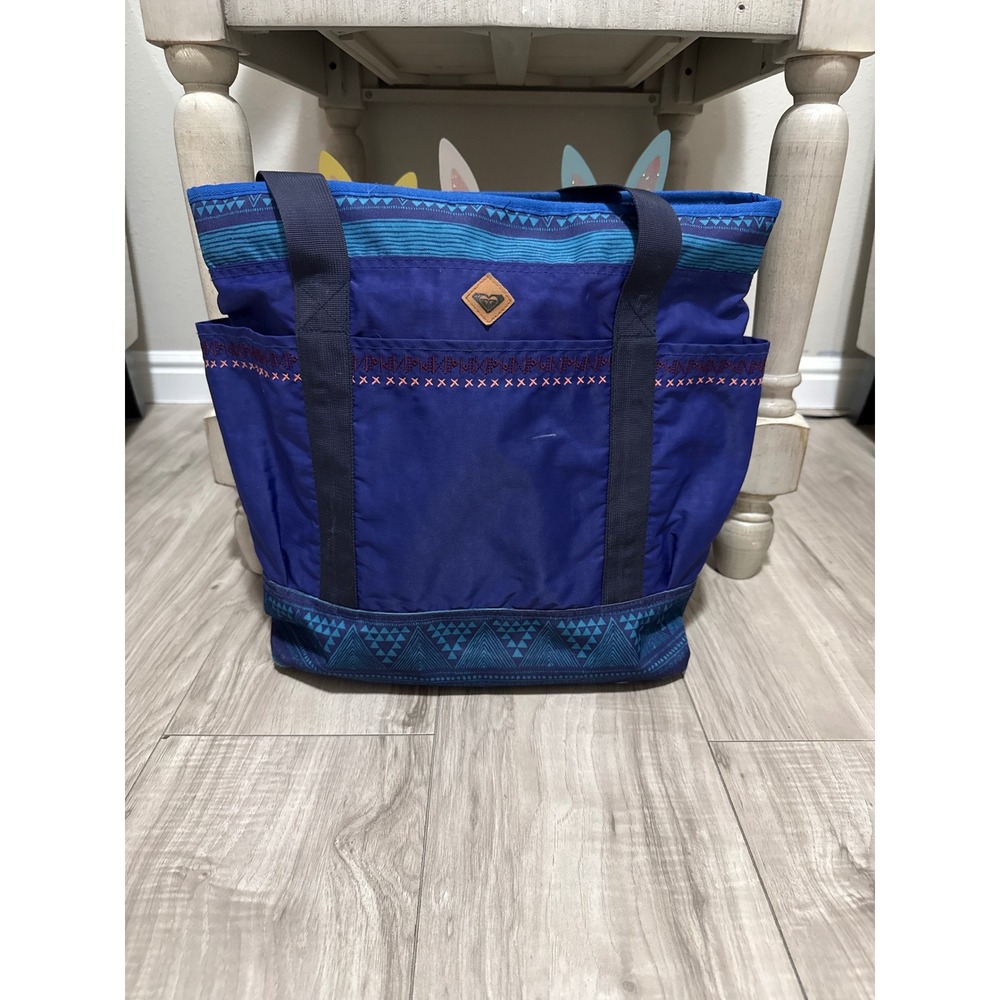 Roxy Blue Tribal Geometric Canvas Tote Bag Laptop Sleeve Zip Top Travel Beach